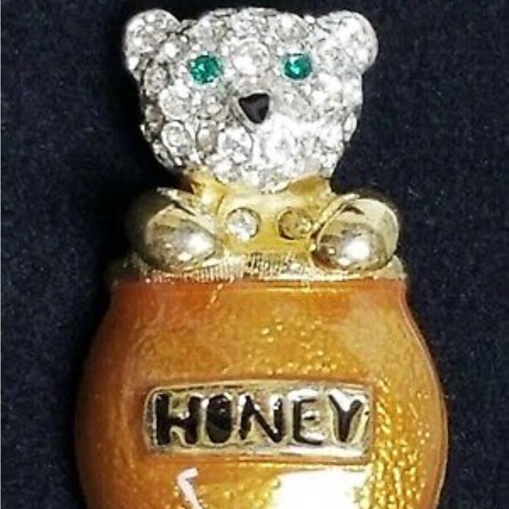 Vintage 1980 rhinestone bear enamel honey pot pin brooch